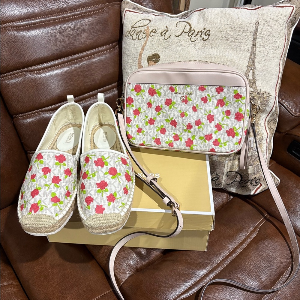 Michael Kors Pink Floral Espadrille Slip-Ons with Matching Crossbody Bag